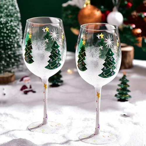 2Pcs Hand Painted Christmas Tree Wine Glasses with Stem Xmas Goblet Winter Holiday Wine Glass Gifts for New Year Wine Christmas Wedding Holiday Housewarming Party Decorative (2, Green Xmas Tree) | Amazon (US)