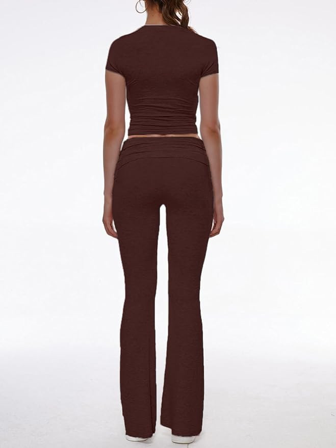 AnotherChill Women's 2 Piece Lounge Sets Fold-over Flare Pants Set Short Sleeve Crop Top Casual O... | Amazon (US)