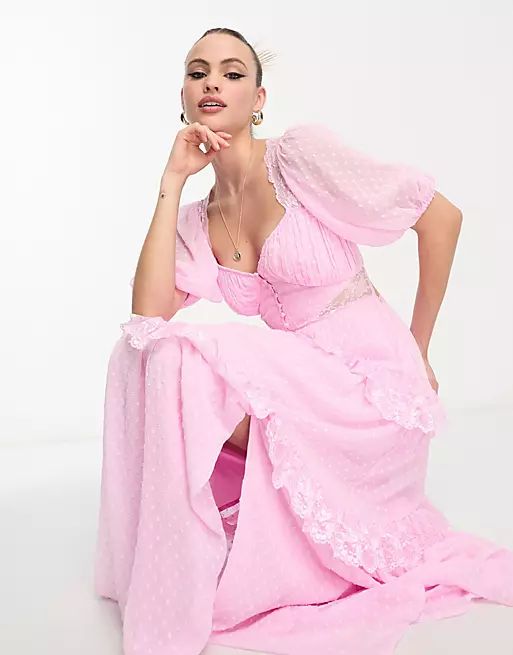 ASOS DESIGN Tall open back lace insert dobby maxi tea dress in light pink | ASOS (Global)