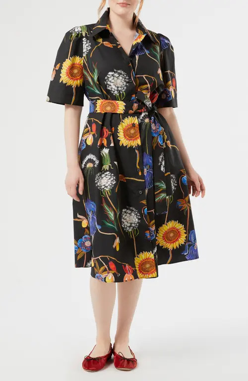 Marina Rinaldi Lacrima Floral Belted Cotton Shirtdress in Black at Nordstrom, Size 12W | Nordstrom