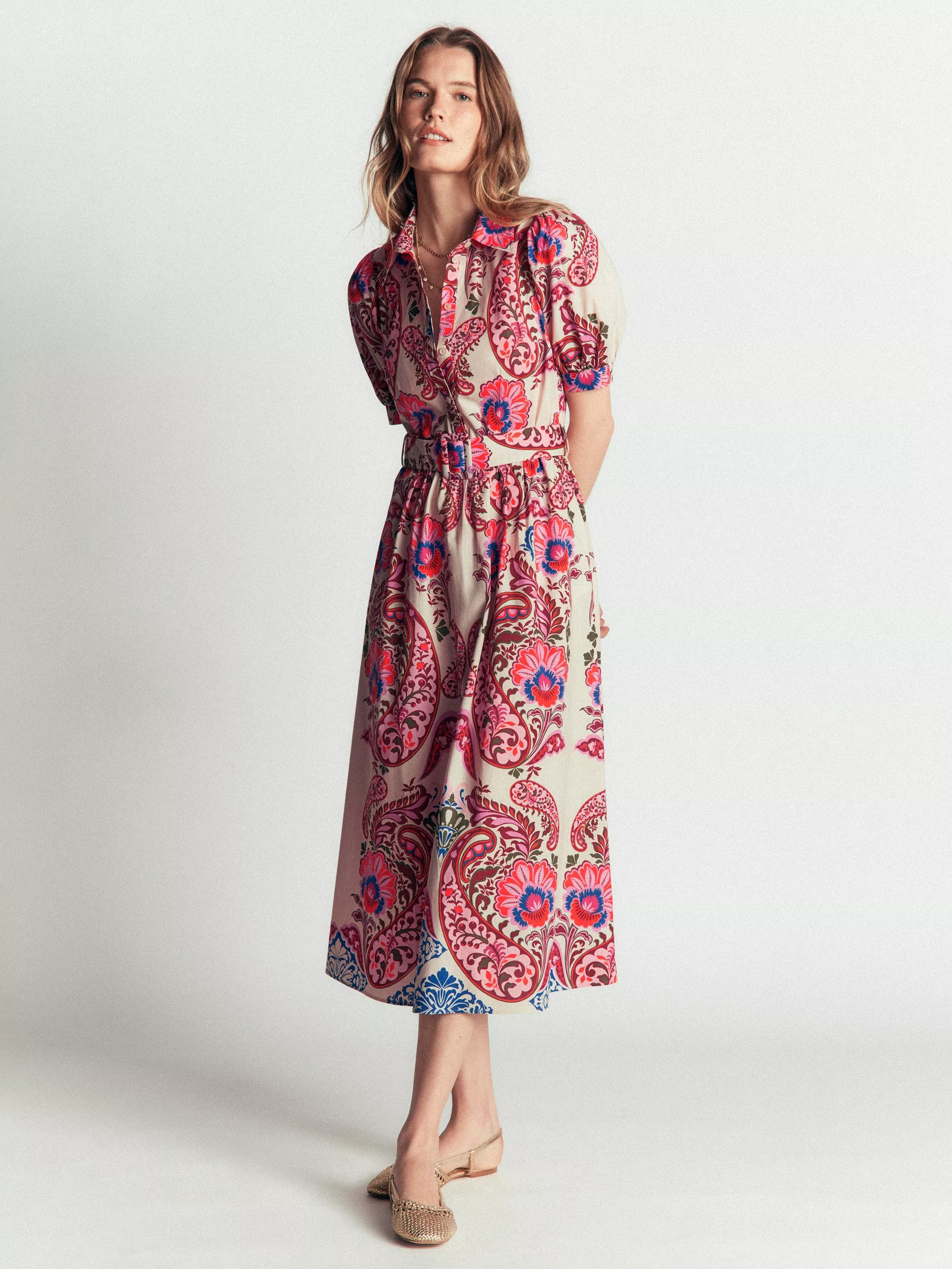 Cotton Floral Print Belted Midi Dress, Multi | John Lewis (UK)