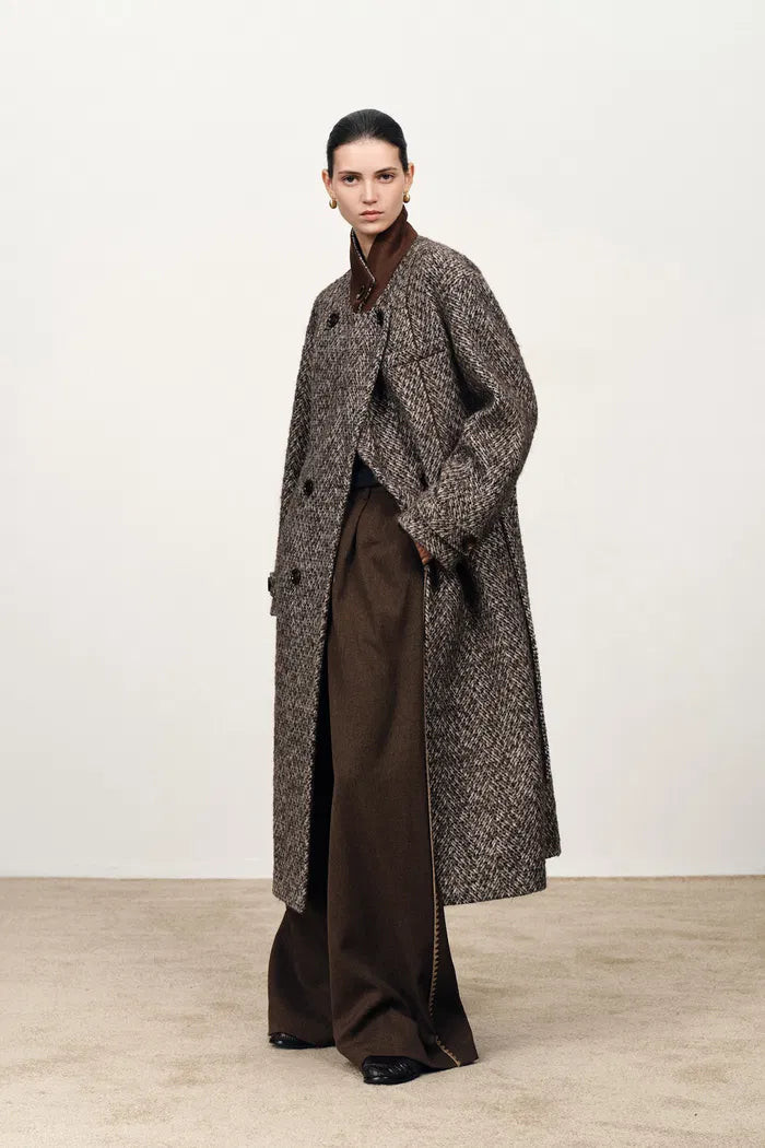 Audrey Plaid Wool Coat in Herringbone Merino Wool | Fabrique