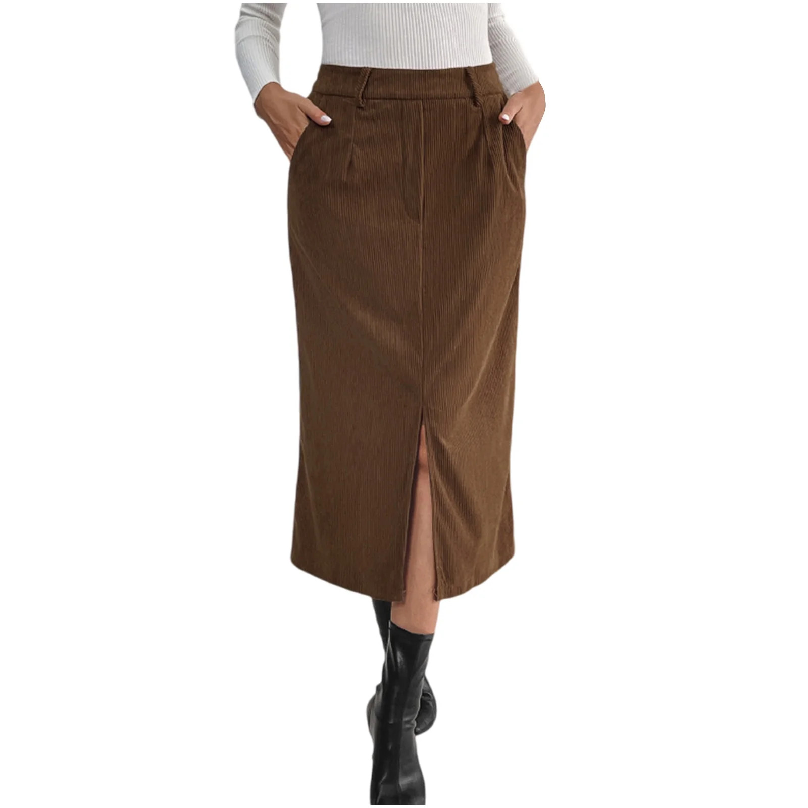 Corduroy Skirt for Women Midi High Waist Front Slit Pencil Skirts Fall Winter Casual Work Office ... | Walmart (US)