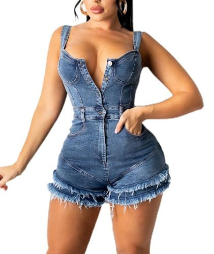 Sexyshine Women's Fringe Tiered Denim Jumpsuit Strap Button Down Tassel Raw Hem Short Pant Bodycon Jeans Rompers(26690BE,XL) | Amazon (US)