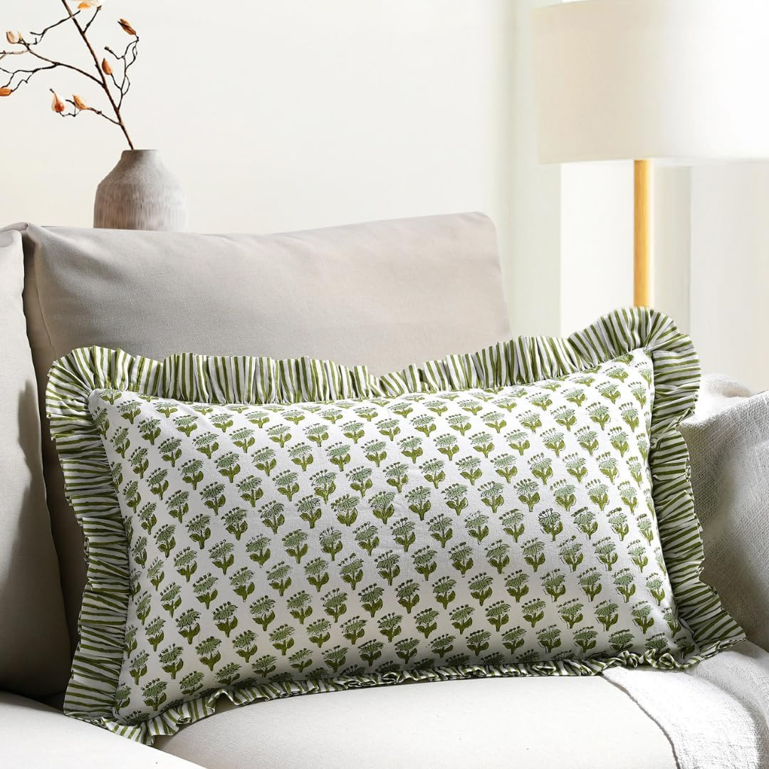 CPC Emerald Green 100% Cotton Block Print Ruffle Sham Cover 12x20 inch, Handmade Boho Floral Pillowcase, Farmhouse Cottagecore Bedding, Soft Decorative Cushion Cover for Bedroom Décor | Amazon (US)