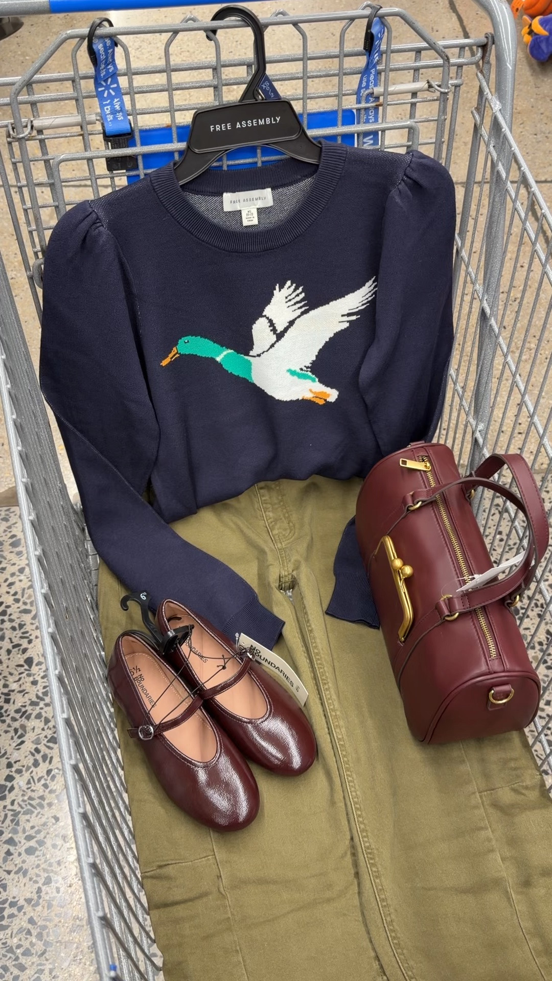 Fall outfit idea with this mallard duck sweater, olive pants and burgundy accessories. #walmartfashion