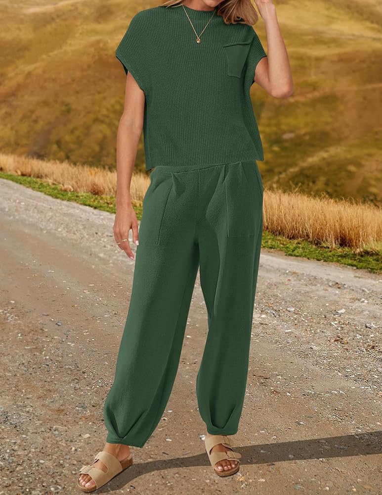 ZESICA Women's 2 Piece Outfits Sweater Set Short Sleeve Mock Neck Knit Pullover Top High Waist Pant  | Amazon (US)