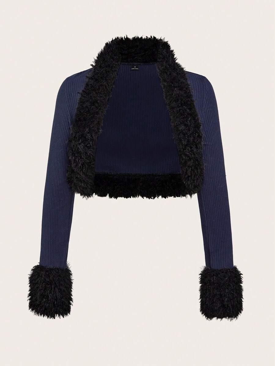 SHEIN ICON Solid Fuzzy Trim Open Front Crop Fall Clothes Women Jacket | SHEIN
