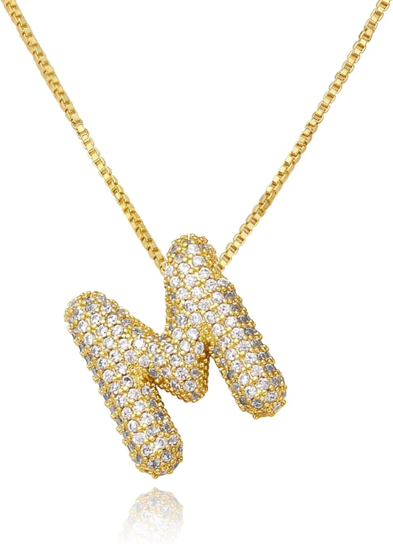 18K Bubble Letter Necklace Gold Plated for Women, Rhinestone Bubble Balloon Initial Necklace for ... | Amazon (US)