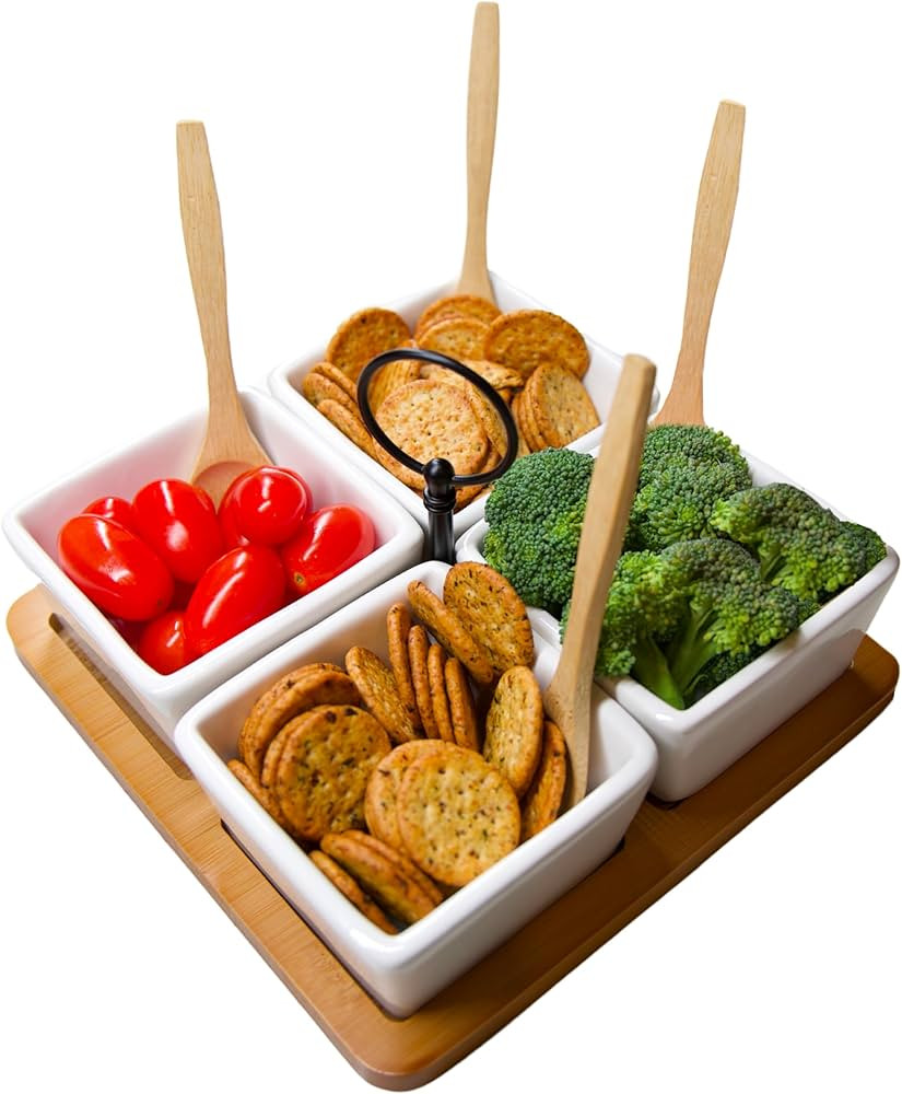 4 Ceramic Divided Serving Dishes and Bamboo Tray with Spoons and Sturdy Handle, Appetizer Platter... | Amazon (US)