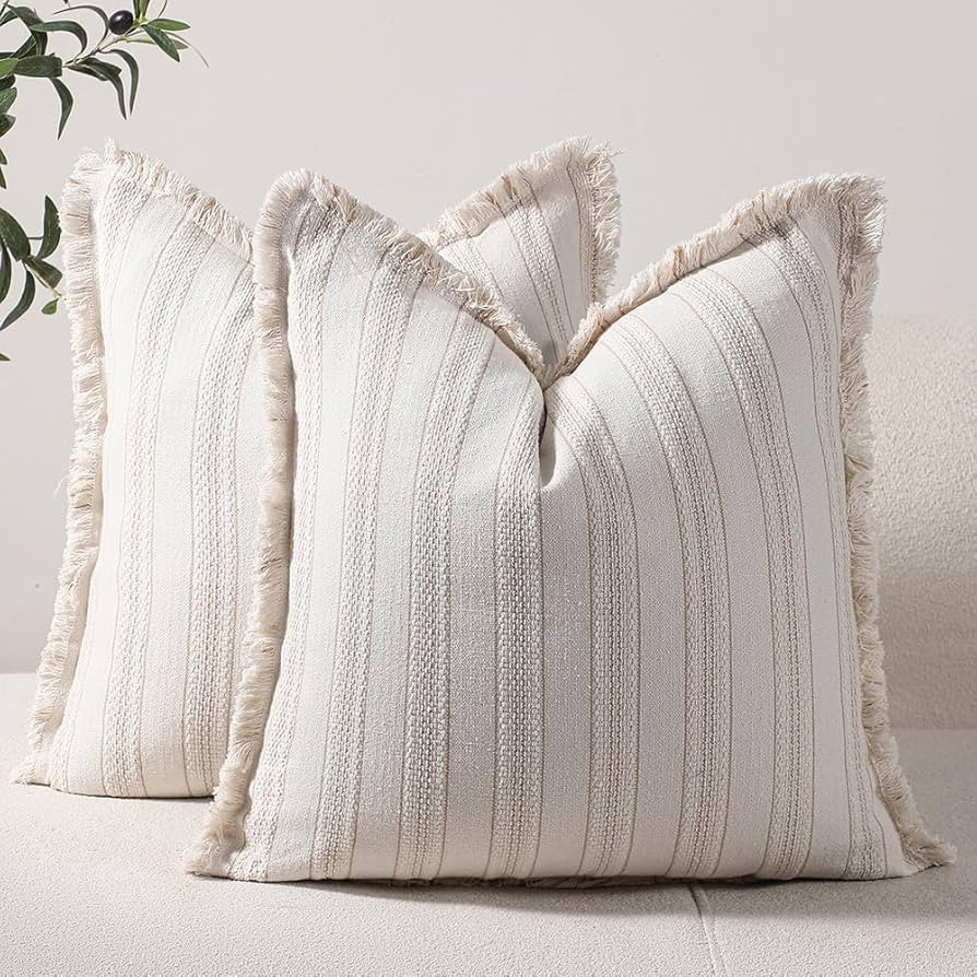 Striped Farmhouse Pillow Covers 20x20 Set of 2 Khaki and Beige Throw Pillow Covers with Fringe Ch... | Amazon (US)
