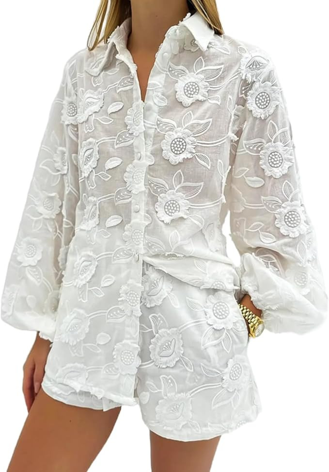 Womens Lace 2 Piece Outfits Long Sleeves Lapel Jacket Top Lace Up Mini Shorts Casual Going Out Se... | Amazon (US)