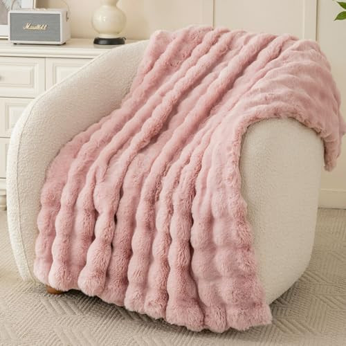Bigacogo Faux Fur Throw Blanket for Couch, Fuzzy Soft Plush Bubble Blanket for Sofa, Warm Cozy Thick Fluffy Blanket for Winter, Luxury Comfy Decorative Cute Throw Blanket for Bed, 50"x60", Blush Pink | Amazon (US)