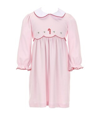Little Girls 2T-6X Scalloped Waist Embroidered Christmas Candy Cane Dress | Dillard's