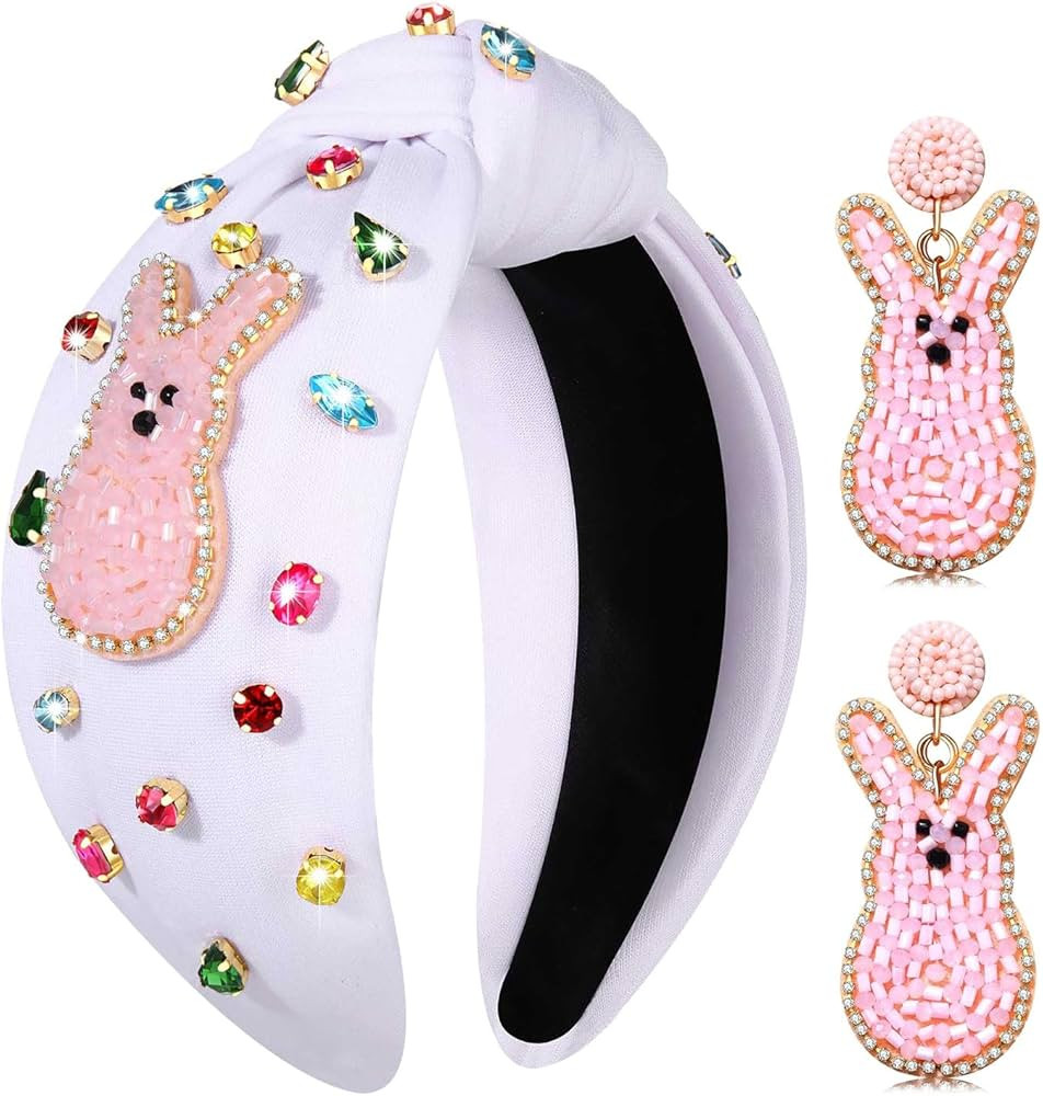 Easter Headband for Women Beaded Bunny Knotted Headbands Embellished Crystal Rhinestone Top Knot ... | Amazon (US)