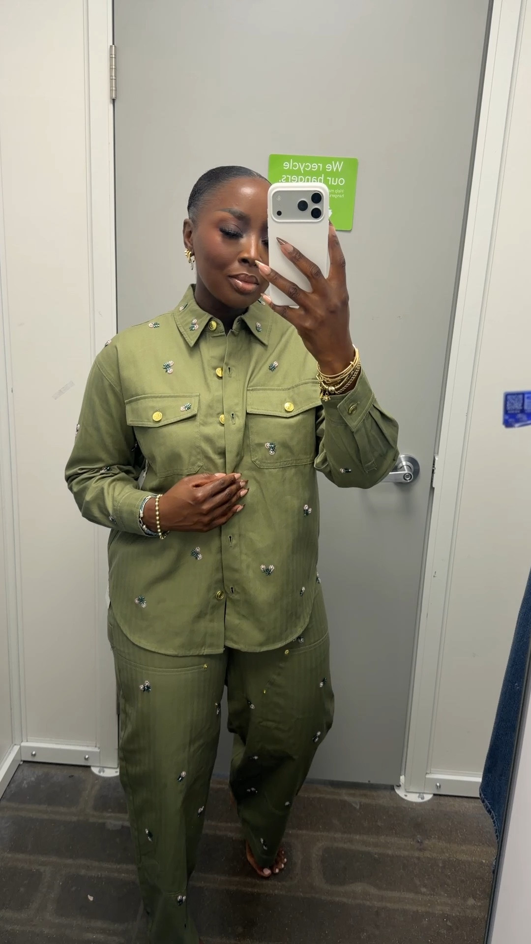 Wearing a M in the top and 12 in the pants (size up to 14!) from Walmart. Love this green set.