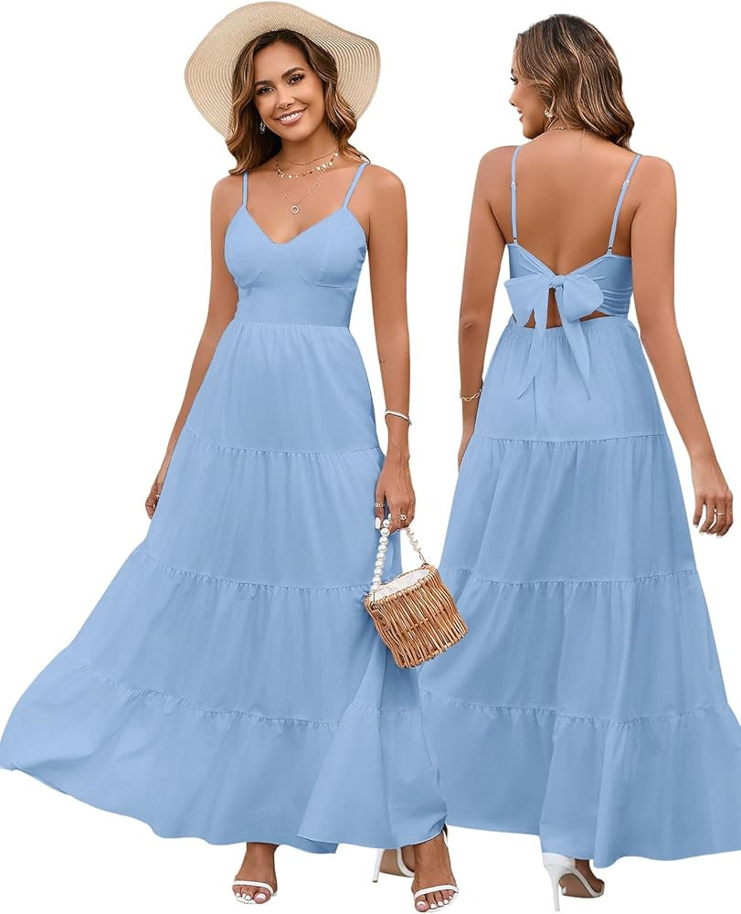 HTZMO Women Casual Summer Floral Maxi Sundress V Neck Spaghetti Strap Bow Tie Backless Flowy Boho... | Amazon (US)