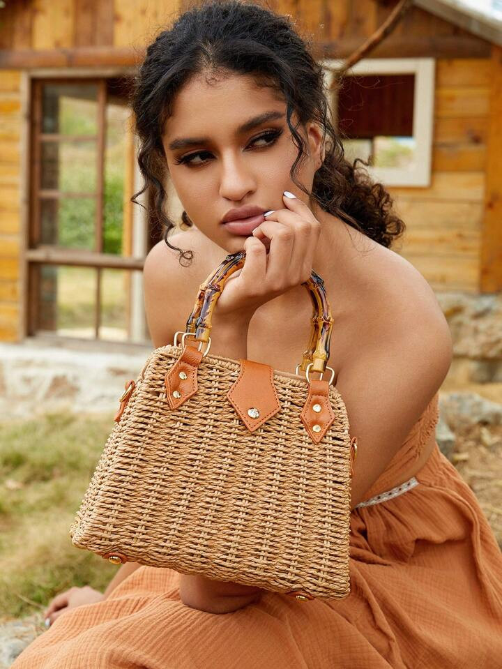 SHEIN VCAY Sac de paille tissée à la main pour femme de couleur chameau avec poignée en bambou | SHEIN
