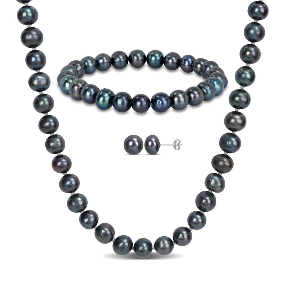 AMOUR 7.5-8mm Freshwater Cultured Black Pearl Necklace Bracelet and Earrings Set In Sterling Silver | Jomashop.com & JomaDeals.com