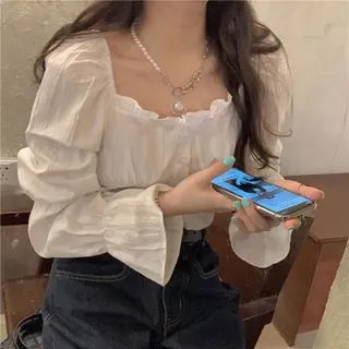 Square-Neck Ruffle Blouse White - One Size | YesStyle Global