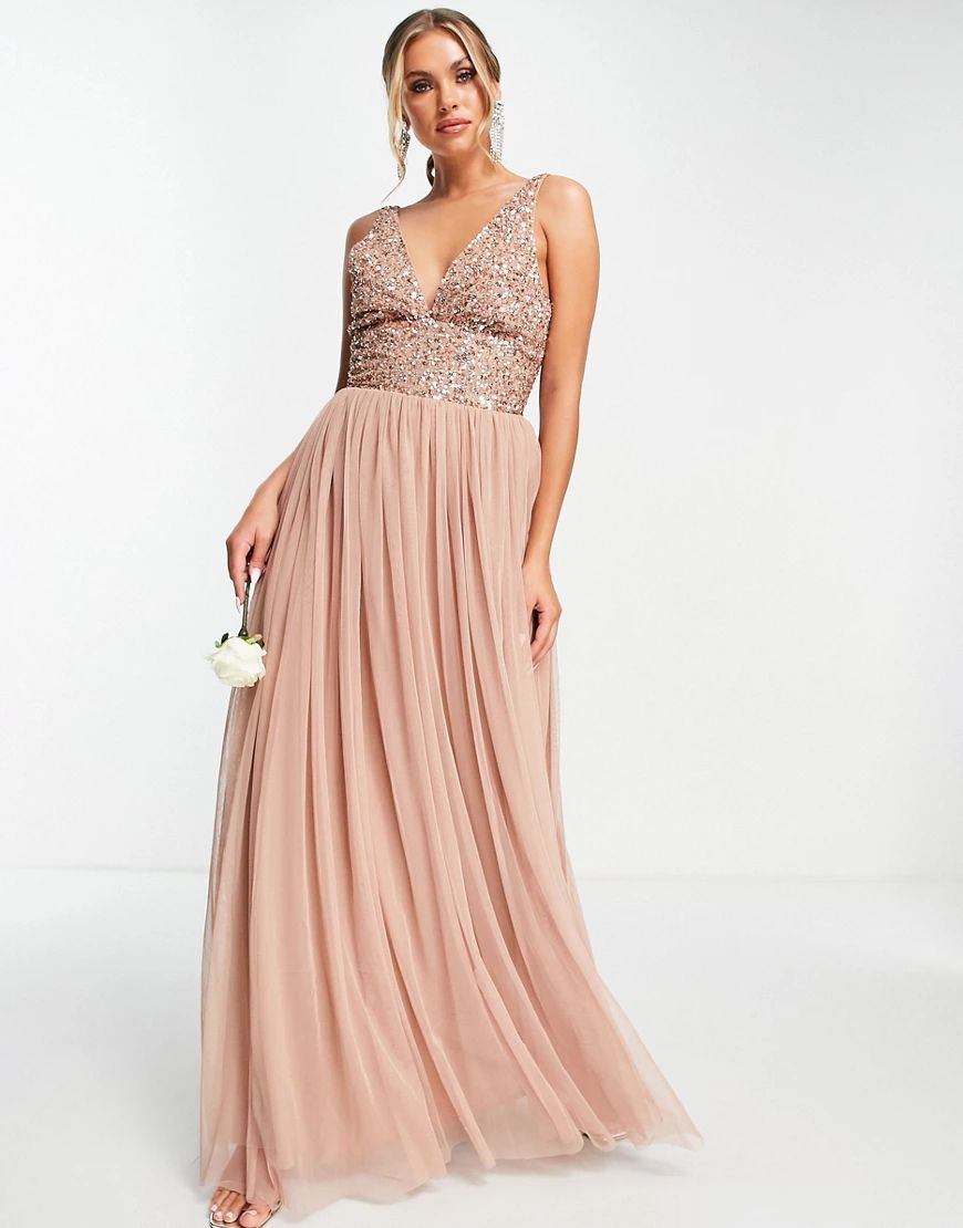 Beauut Bridesmaid sequin embellished maxi dress with plunge front and tulle skirt in mink-Pink | ASOS (Global)