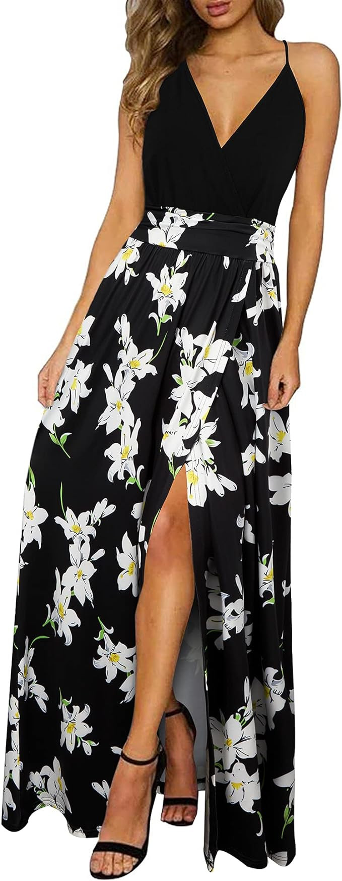 Newshows Women Summer 2025 Maxi Dress Vacation Floral Spaghetti Strap Spring Casual Boho Split Be... | Amazon (US)
