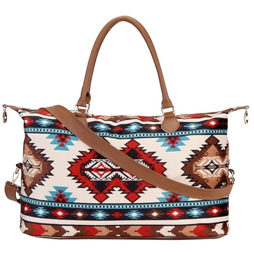 Aztec Print Cow Print Weekender Duffle Bag with Shoulder Strap - Overnight Bag for Women - Western Style | Amazon (US)