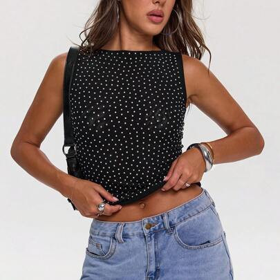Women's Sleeveless Round Neck Casual Crop Top, Glittery Rhinestone Embellished, Suitable For Music Festival, Western Style, Summer Going Out | SHEIN
