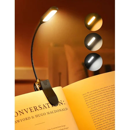 Victsing Rechargeable Book Light for Reading in Bed, 80H Reading, 3 Brightness Levels & 3 Color Temperatures, Lightweight Flexible Clip on Reading Lights for Books in Bed | Walmart (US)