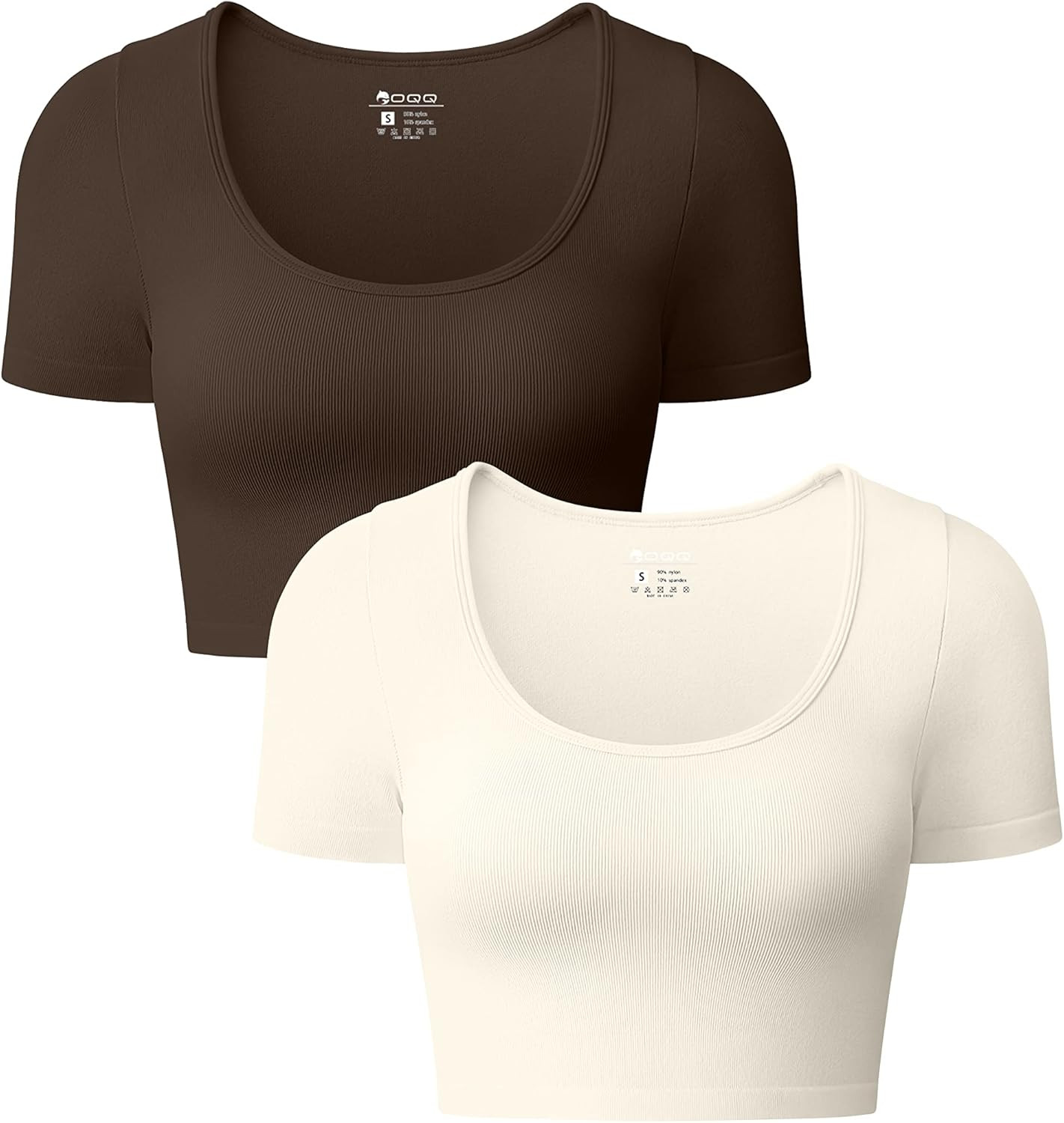 OQQ Women's 2 Piece Crop Tops Sexy Ribbed Seamless Short Sleeve Shirts Scoop Neck Top | Amazon (US)