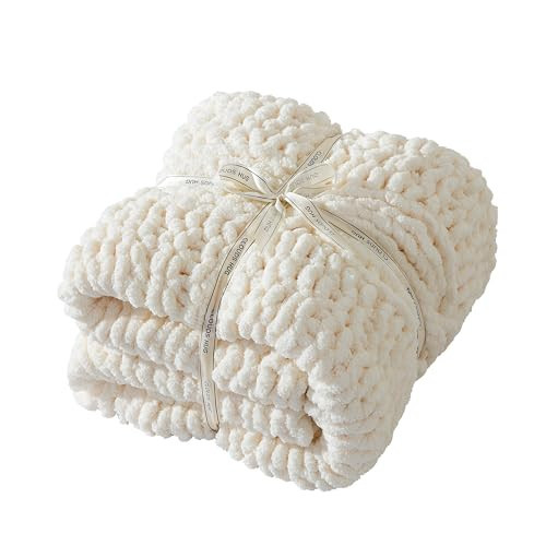 CLOUDS HUG Chunky Knit Blanket Throw - 100% Hand Knitted Chunky Soft Throw Blanket for Couch, Thick and Warm Blanket for Winter, White, 50x60 Inches | Amazon (US)