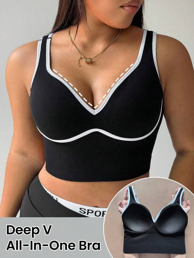 Rhythm Era Plus Size Women's Black Seamless White Striped Sports Yoga Bra Deer | SHEIN