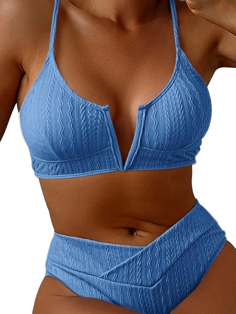 HYTENSUN Women's V Cut High Waisted Bikini Ribbed V-Wired Cami Two Pieces Swimsuit | Amazon (US)