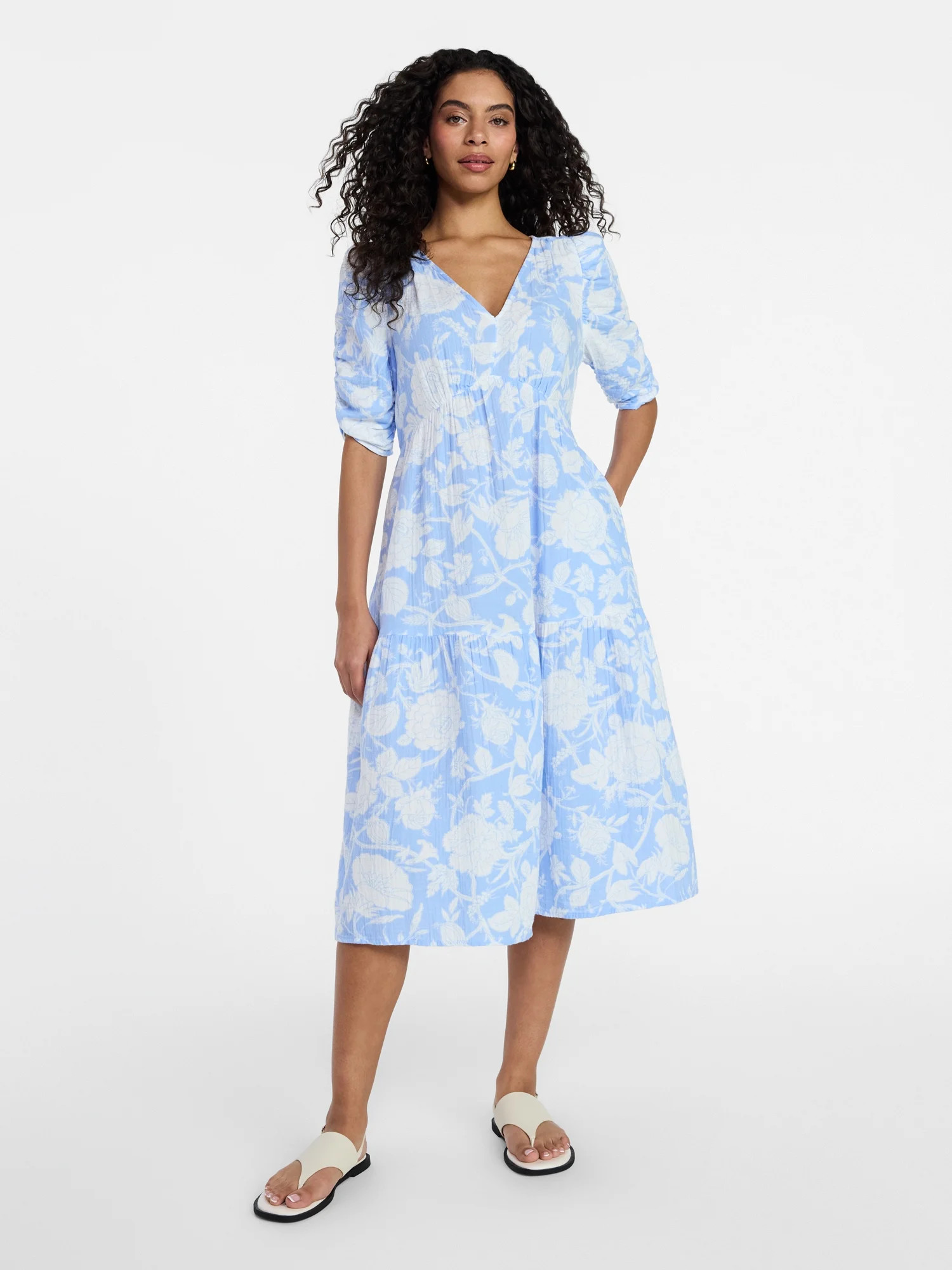 Time and Tru Women's Cotton Tiered Midi Dress with Elbow Length Sleeves, Sizes XS-XXXL | Walmart (US)