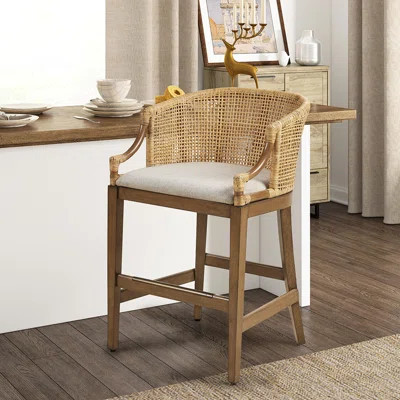 Modern Natural 25" H Counter Stool With Soft Seat And Frame Handcrafted - Impression, Linen Covered Resting Spot, Strong Solid Wood Legs, Antique Bron | Wayfair North America