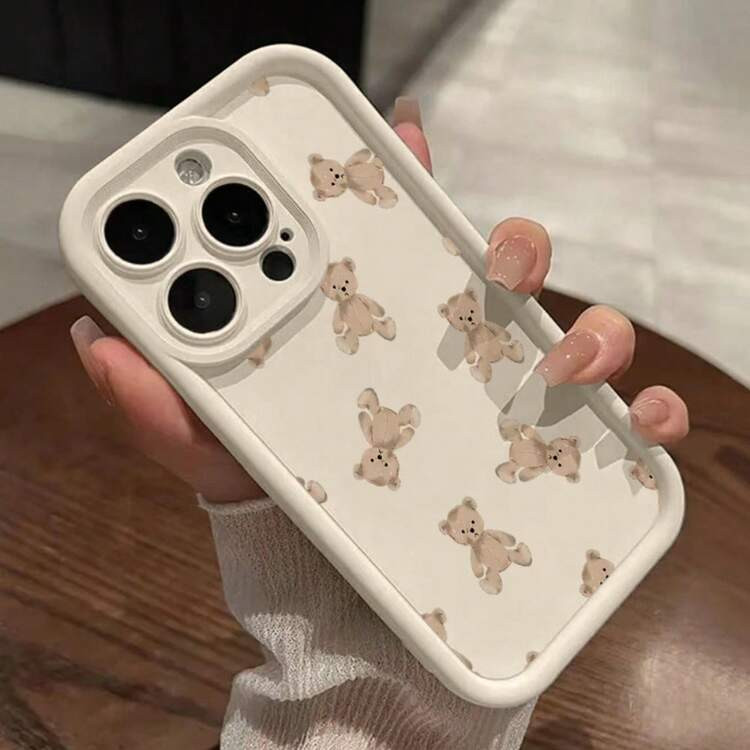 For IPhone 11 12 13 14 15 16 Plus Pro ProMax Tempered Glass+Silicone Phone Case, Brown Bear Design Pattern | SHEIN