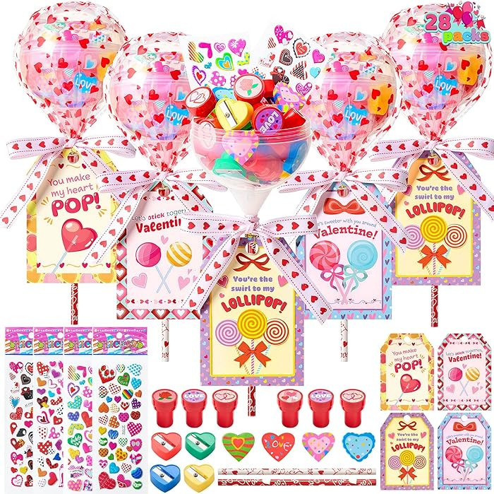 JOYIN 28 Packs Giant Valentine Lollipop Stationery Set with Cards, Valentine's Day Gifts for Kids... | Amazon (US)