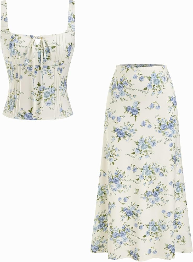 CIDER Womens Two Piece Outfits Floral Tie Front Tank Tops and A Line Skirts Summer Casual Going O... | Amazon (US)