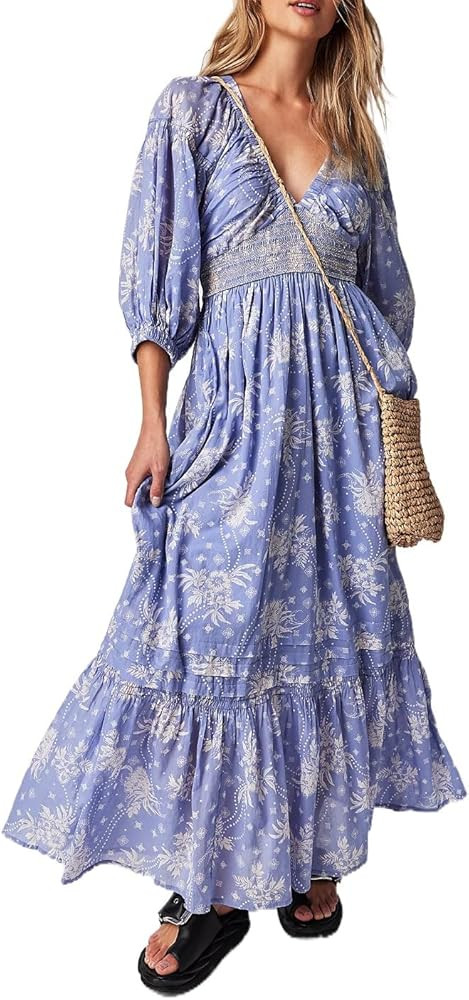 Women's 2023 Bohemian Maxi Dress Floral Puff Sleeve Ruffle Swing Dress Sexy Summer Beachwear Dres... | Amazon (US)