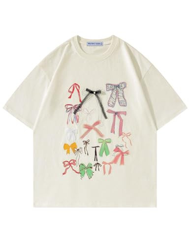 Aelfric Eden Bow Shirt for Women Oversized Graphic Tees Y2K Cute Print Short Sleeve T-Shirt Casual Summer Cotton Top Beige | Amazon (US)