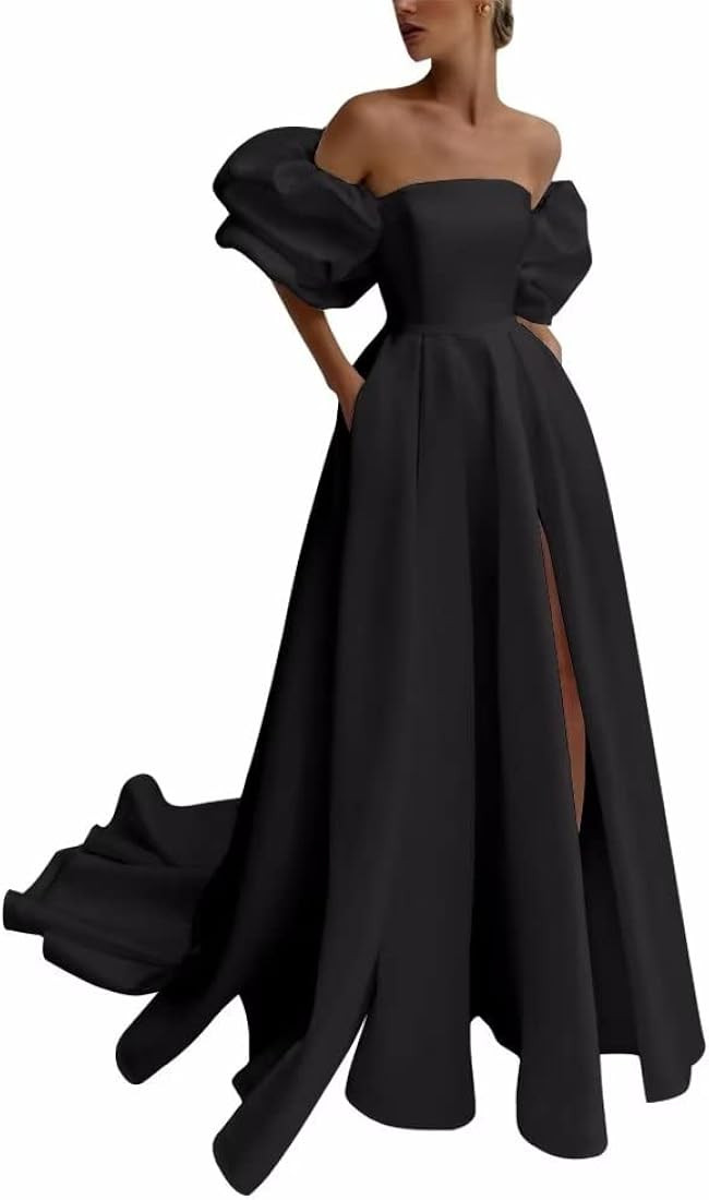 Detachable Puffy Sleeves Wedding Dresses for Bride with Pockets Satin High Slit Prom Dresses Ball... | Amazon (US)