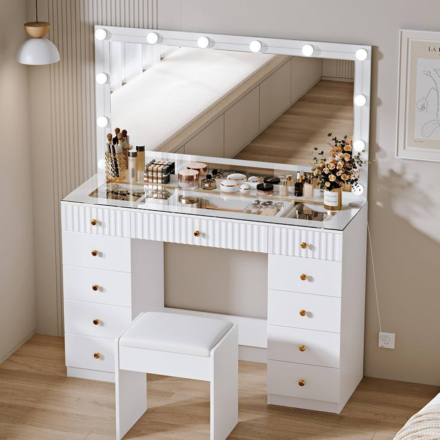 Large Vanity Desk, with Chair, Modern High Capacity Makeup Vanity with 11 Drawers,Glass Top, for ... | Amazon (US)