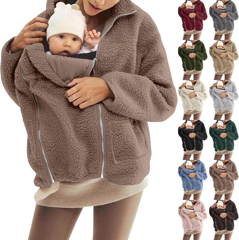 Women Fleece Zip Up 2 in 1 Baby Wearing Jacket Maternity Winter Coat Thicken Kangaroo Clothes | Amazon (US)