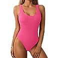 Women One Piece Swimsuit Solid Ribbed Monokini Swimwear Scoop Neck Low Back Bathing Suit | Amazon (US)
