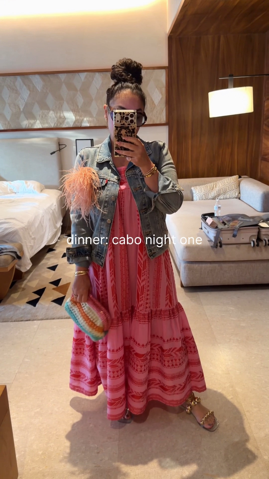 Cabo dinner night one: 
- Dress: @VICI 
- Jacket: @levi 
- Bag: @Avara 
- Jewelry: @electricpicks @analuisa 

Use code ADRYANA35 for 35% off my dress and your entire order @VICI