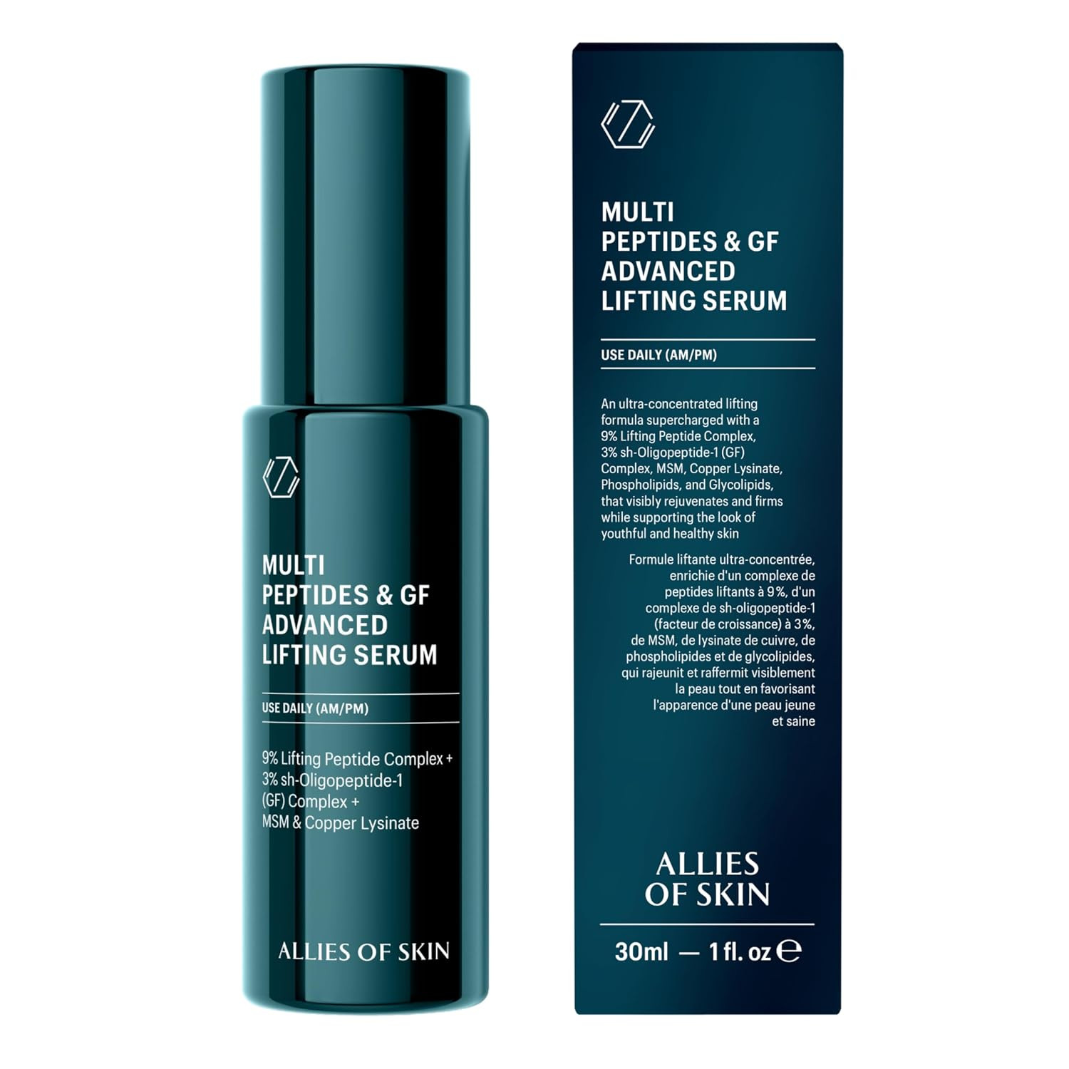 Allies of Skin Multi Peptides & GF Advanced Lifting Serum with 3% sh-Oligopeptide-1 (Growth Factor) Complex, 9% Lifting Peptide Complex, MSM, Copper Lysinate, Phospholipids & Glycolipids. 30 ml/ 1 oz | Amazon (US)