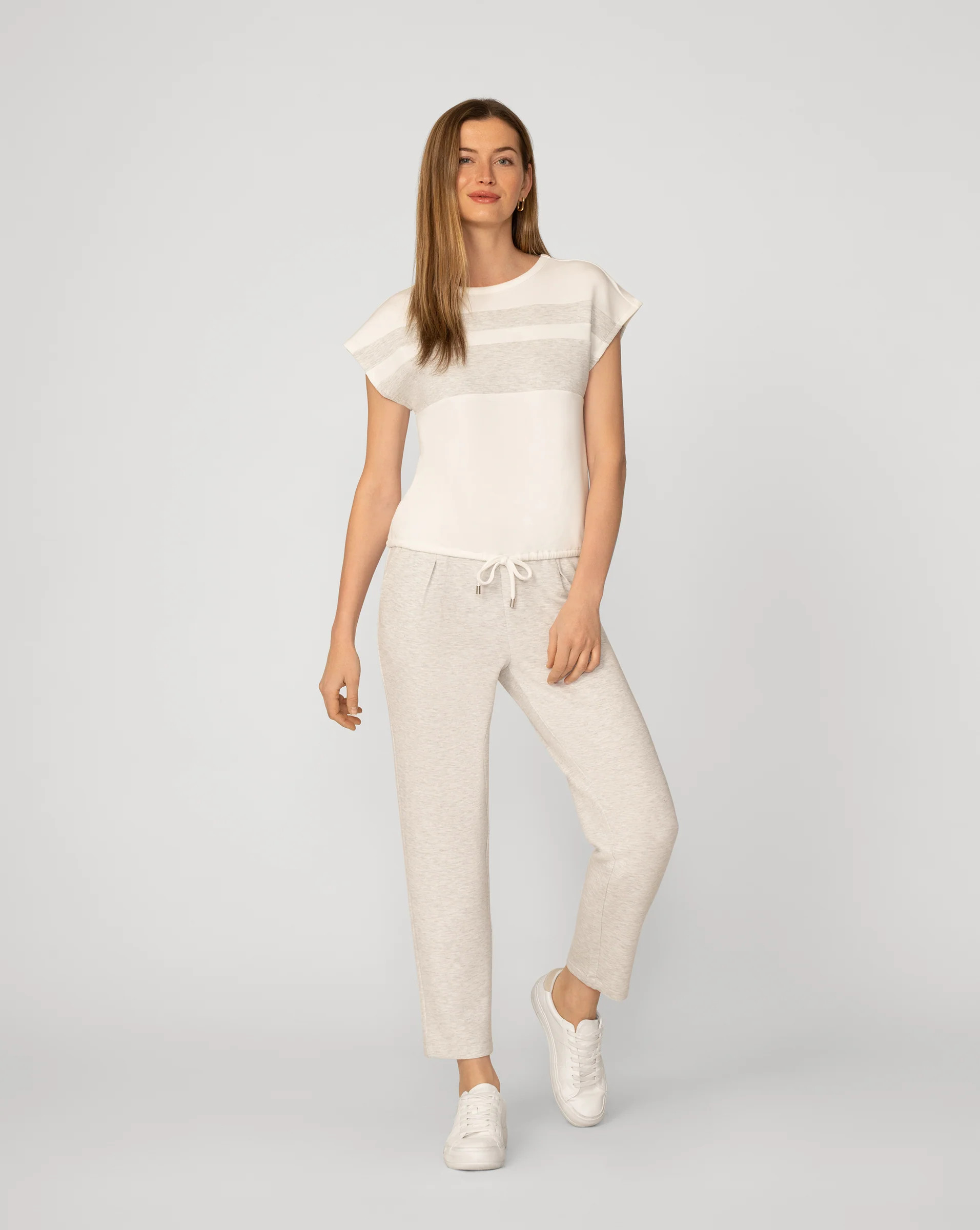 Women's Stripe Drawstring Top & Jogger Set in Snow White with Light Heather | Cable & Gauge | Cable & Gauge