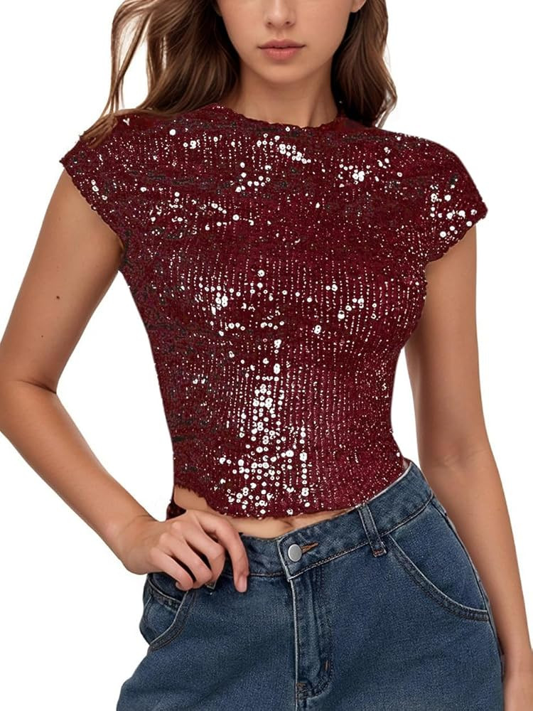 WDIRARA Women's Sequin Boat Neck Shirts Sparkle Glitter Backless Tee Cap Sleeve Crop Tops | Amazon (US)