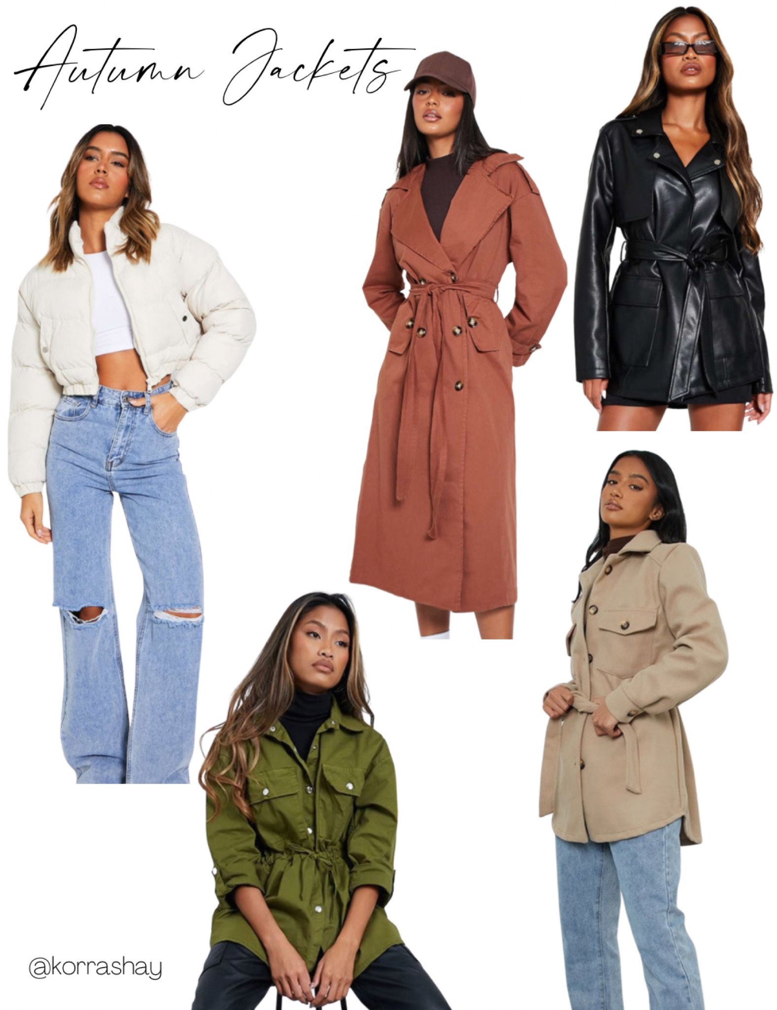 Autumn jackets 🧥 

Tags:
Cream cropped puffer jacket, brown trench, long trench coat, short trench coat, green army jacket, green utility jacket, leather belt jacket

#LTKU #LTKSeasonal #LTKstyletip