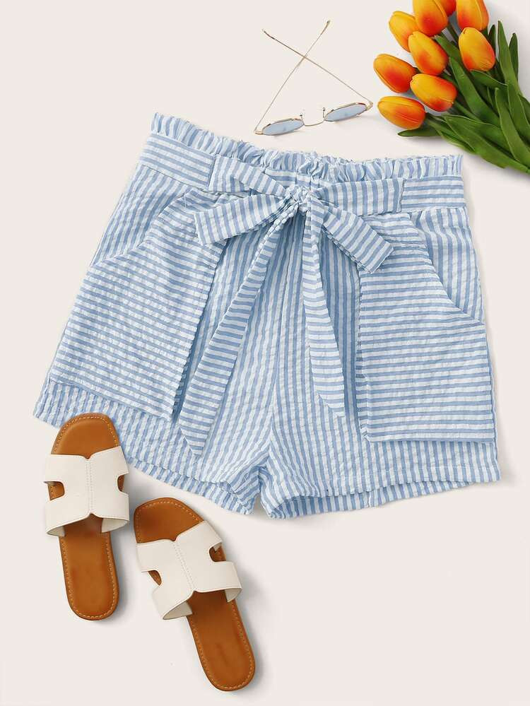 Paperbag Waist Belted Striped Shorts | SHEIN